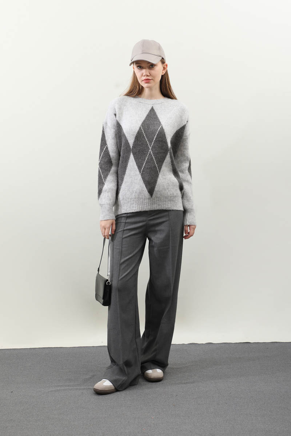 Büyük Baklava Desenli Kazak Gri - 1