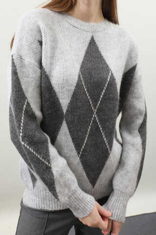 Büyük Baklava Desenli Kazak Gri - 6