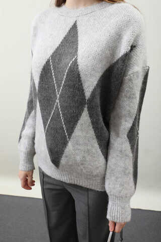 Büyük Baklava Desenli Kazak Gri - 7