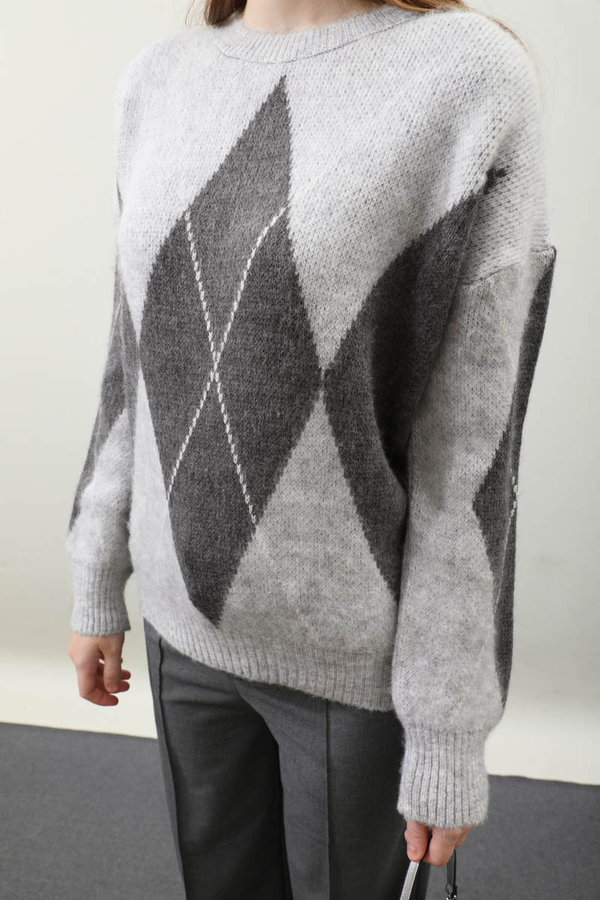 Büyük Baklava Desenli Kazak Gri - 7