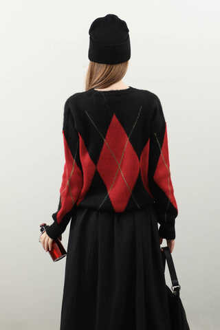 Büyük Baklava Desenli Kazak Kırmızı - 6