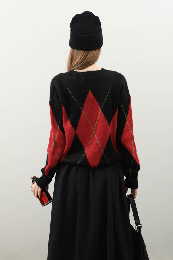 Büyük Baklava Desenli Kazak Kırmızı - 6