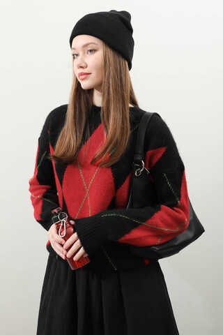 Büyük Baklava Desenli Kazak Kırmızı - 4