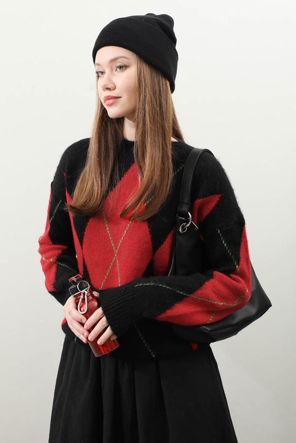 Büyük Baklava Desenli Kazak Kırmızı - 4