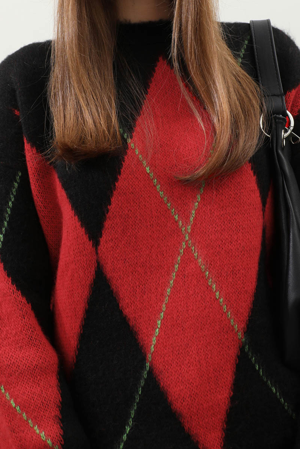 Büyük Baklava Desenli Kazak Kırmızı - 2