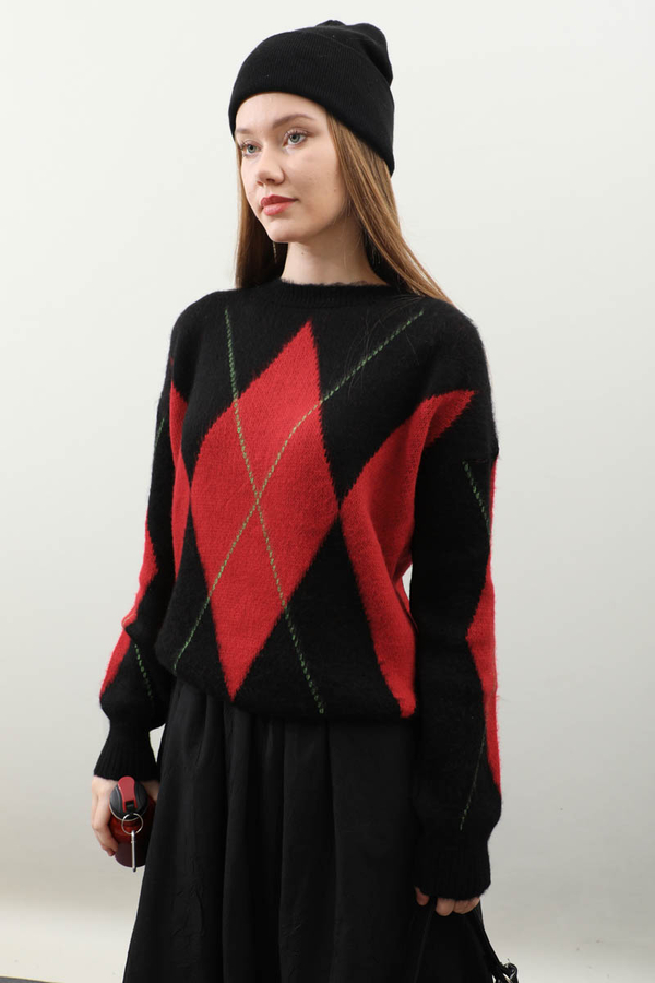 Büyük Baklava Desenli Kazak Kırmızı - 1