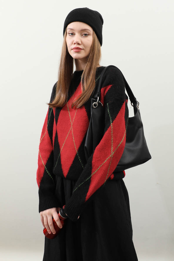 Büyük Baklava Desenli Kazak Kırmızı - 5