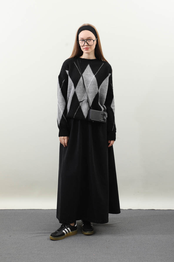 Büyük Baklava Desenli Kazak Siyah - 2