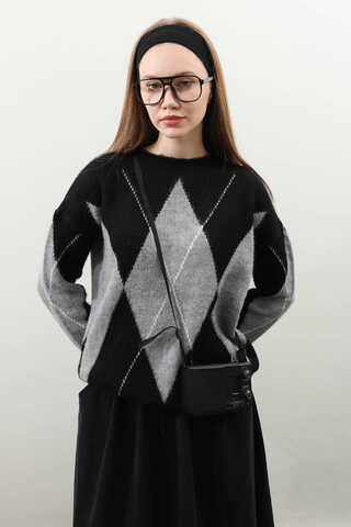 Büyük Baklava Desenli Kazak Siyah - 1