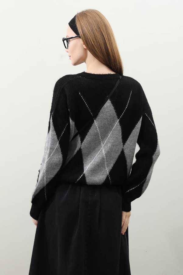 Büyük Baklava Desenli Kazak Siyah - 7