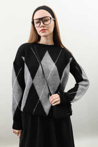 Büyük Baklava Desenli Kazak Siyah - 4