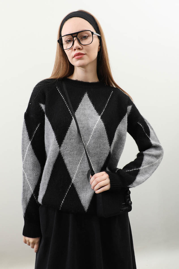 Büyük Baklava Desenli Kazak Siyah - 4