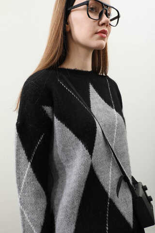 Büyük Baklava Desenli Kazak Siyah - 5