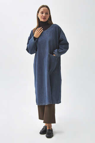 Büyük Cepli Denim Tunik Koyu Mavi - 2