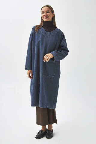 Büyük Cepli Denim Tunik Koyu Mavi - 5