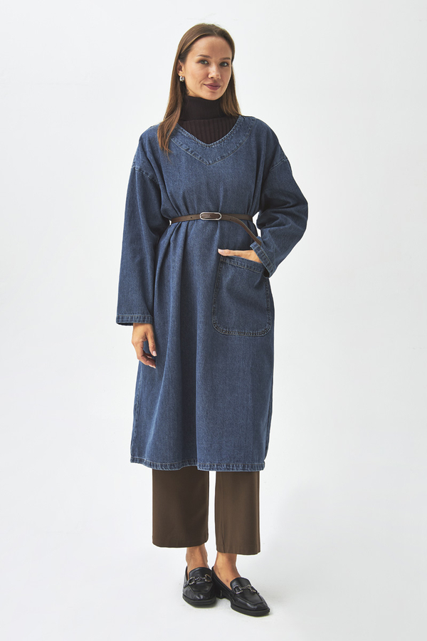 Büyük Cepli Denim Tunik Koyu Mavi - 8