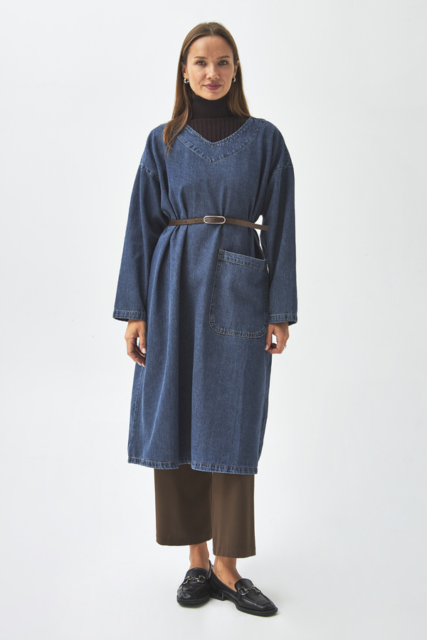 Büyük Cepli Denim Tunik Koyu Mavi - 9