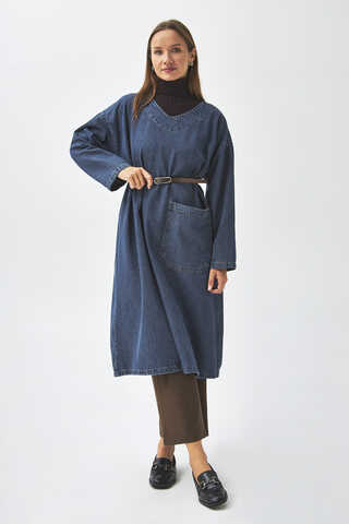 Büyük Cepli Denim Tunik Koyu Mavi - 10