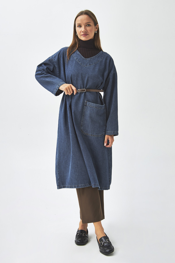 Büyük Cepli Denim Tunik Koyu Mavi - 10