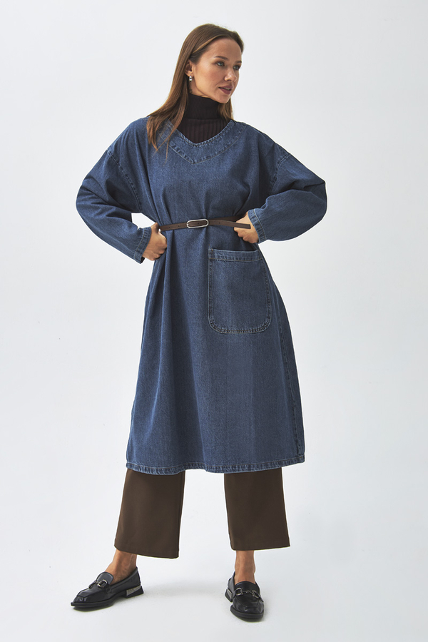 Büyük Cepli Denim Tunik Koyu Mavi - 1