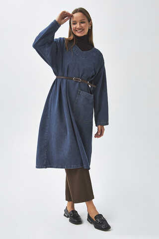 Büyük Cepli Denim Tunik Koyu Mavi - 3