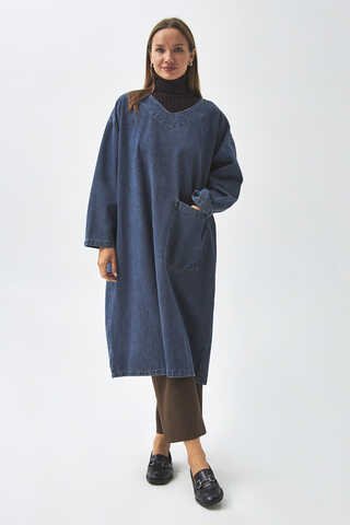 Büyük Cepli Denim Tunik Koyu Mavi - 11