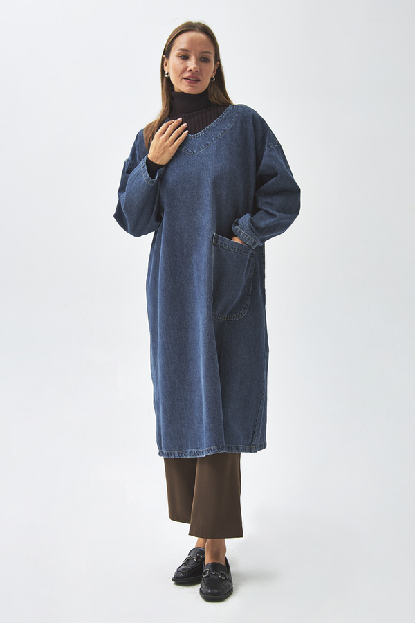 Büyük Cepli Denim Tunik Koyu Mavi - 2