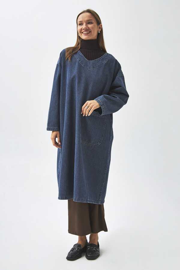 Büyük Cepli Denim Tunik Koyu Mavi - 5