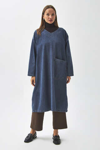 Büyük Cepli Denim Tunik Koyu Mavi - 6
