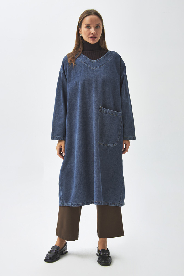Büyük Cepli Denim Tunik Koyu Mavi - 6