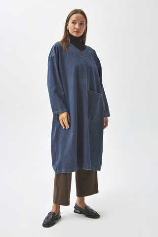 Büyük Cepli Denim Tunik Koyu Mavi - 7