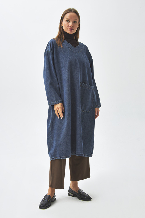 Büyük Cepli Denim Tunik Koyu Mavi - 7