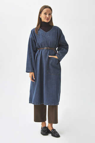 Büyük Cepli Denim Tunik Koyu Mavi - 8