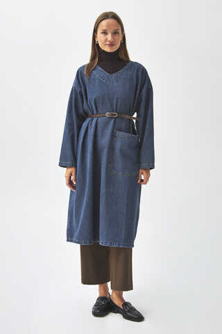 Büyük Cepli Denim Tunik Koyu Mavi - 9