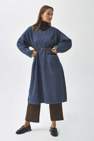 Büyük Cepli Denim Tunik Koyu Mavi - 1
