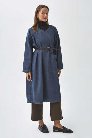 Büyük Cepli Denim Tunik Koyu Mavi - 4