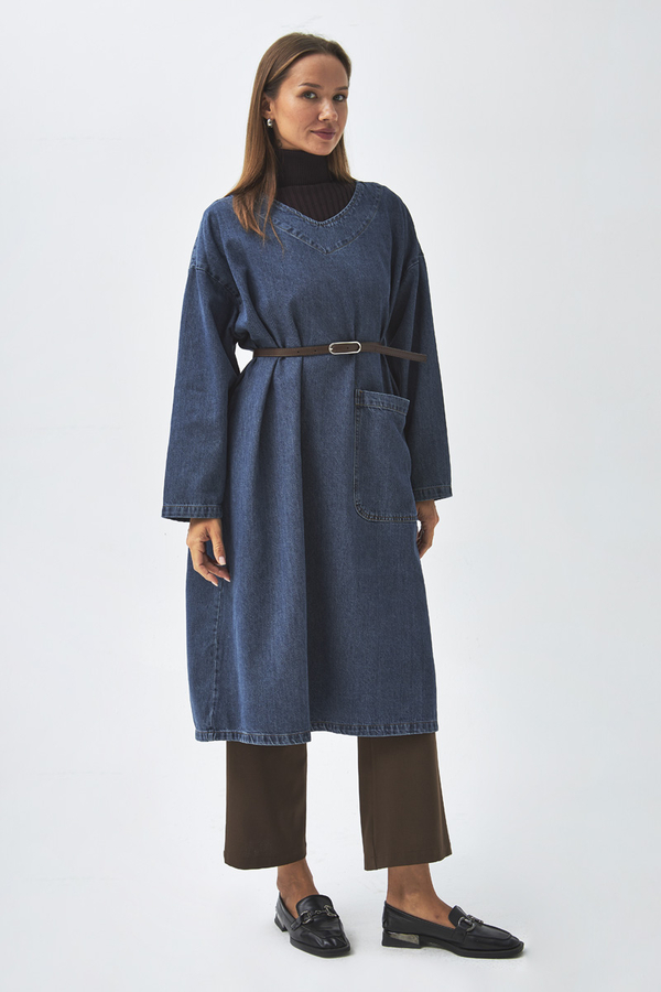Büyük Cepli Denim Tunik Koyu Mavi - 4