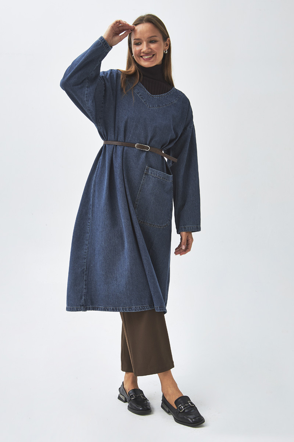 Büyük Cepli Denim Tunik Koyu Mavi - 3