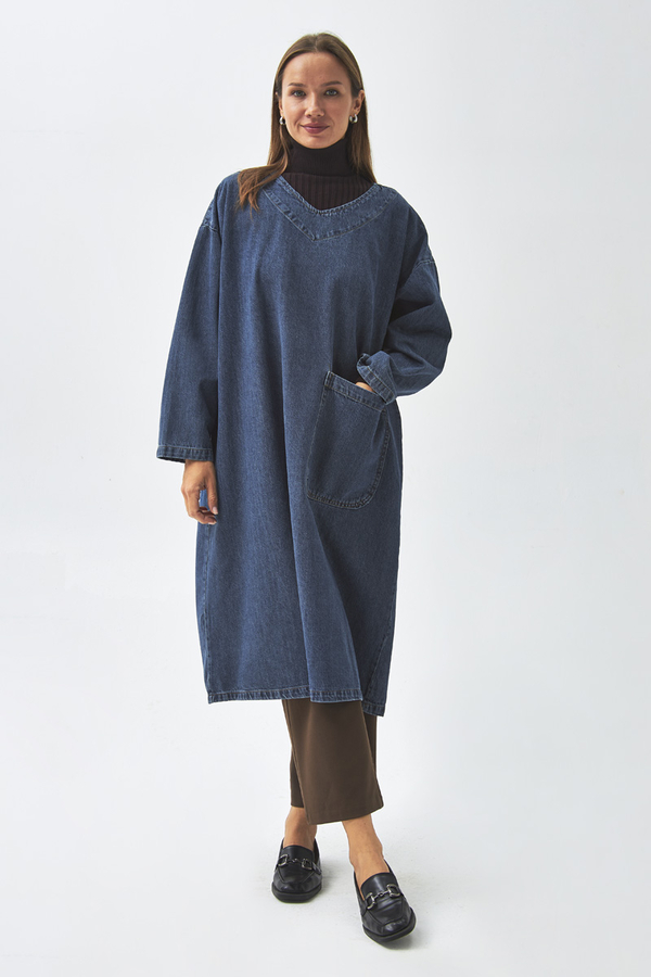 Büyük Cepli Denim Tunik Koyu Mavi - 11