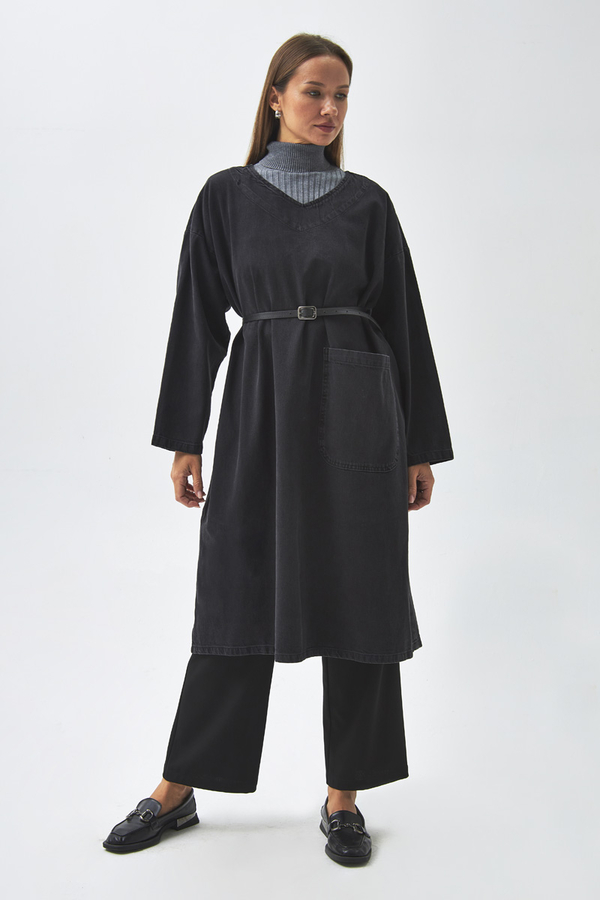 Büyük Cepli Denim Tunik Siyah - 1