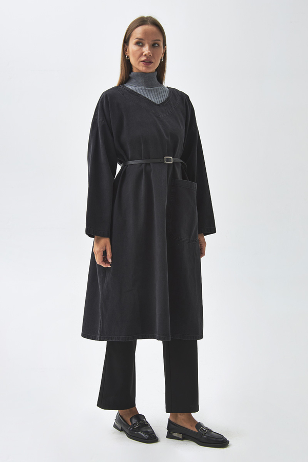 Büyük Cepli Denim Tunik Siyah - 7