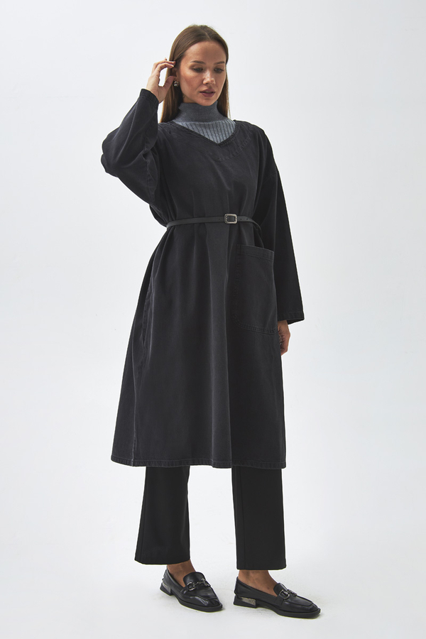 Büyük Cepli Denim Tunik Siyah - 5