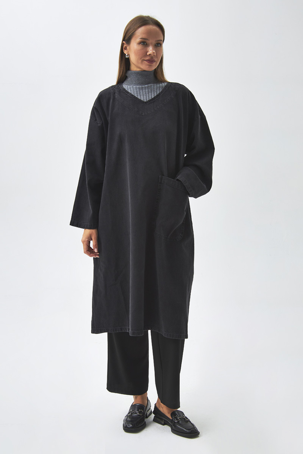 Büyük Cepli Denim Tunik Siyah - 10