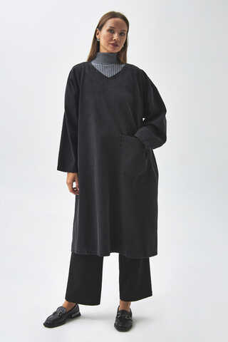 Büyük Cepli Denim Tunik Siyah - 4