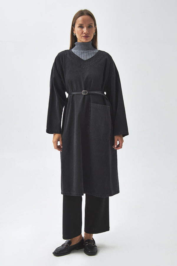 Büyük Cepli Denim Tunik  Siyah - 9