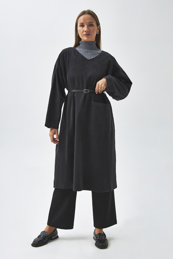 Büyük Cepli Denim Tunik  Siyah - 2