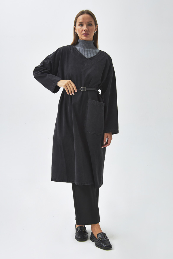 Büyük Cepli Denim Tunik  Siyah - 8