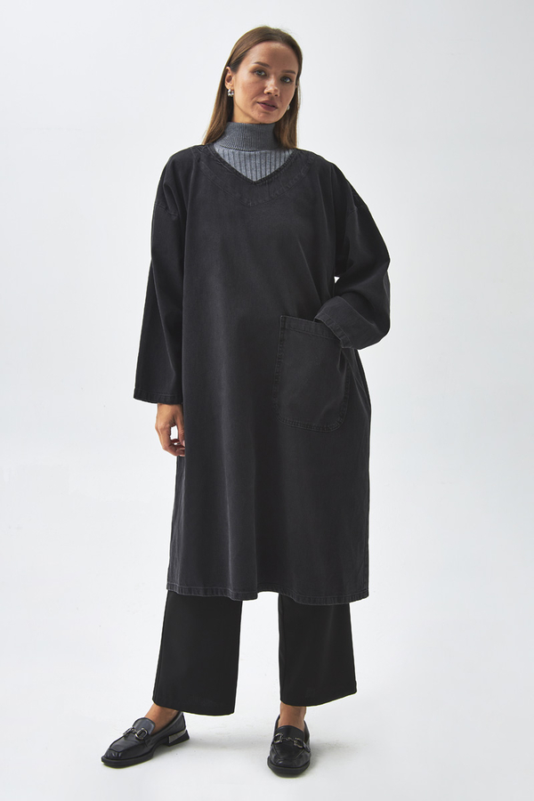 Büyük Cepli Denim Tunik  Siyah - 4