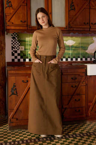 Büyük Cepli Gabardin Etek Taba - 4