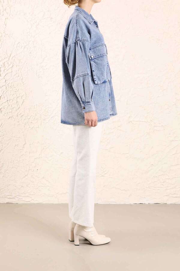 Büyük Cepli Kot Ceket Açık Mavi - 6